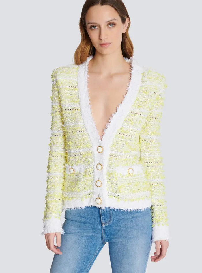 Cropped Knit Cardigan Yellow Women Balmain Knitwear
