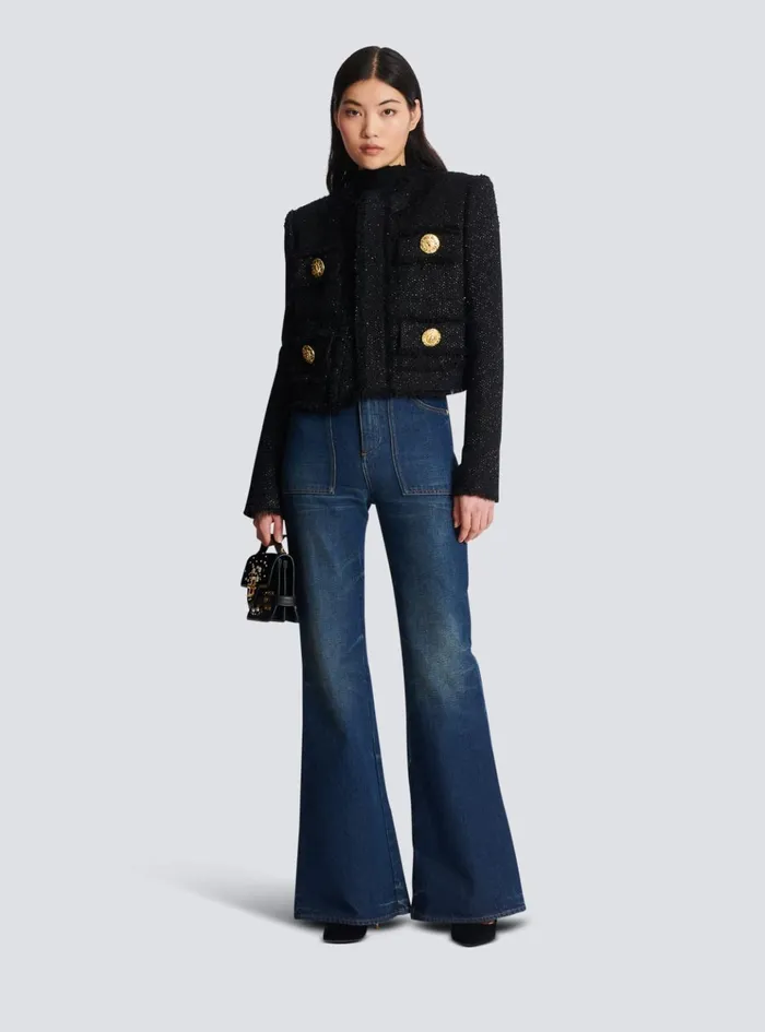 Cropped Lurex Tweed Jacket Black Women Balmain Jackets And Blazers