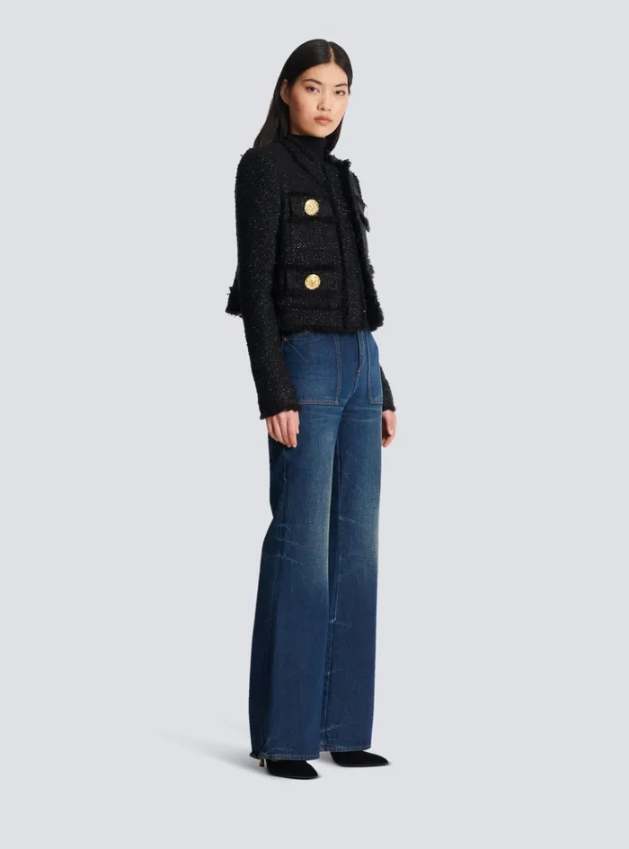 Cropped Lurex Tweed Jacket Black Women Balmain Jackets And Blazers