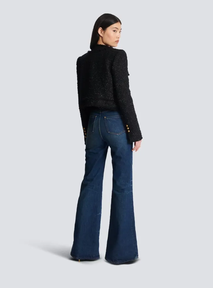 Cropped Lurex Tweed Jacket Black Women Balmain Jackets And Blazers