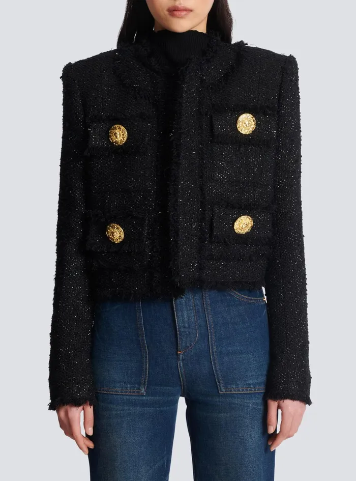 Cropped Lurex Tweed Jacket Black Women Balmain Jackets And Blazers