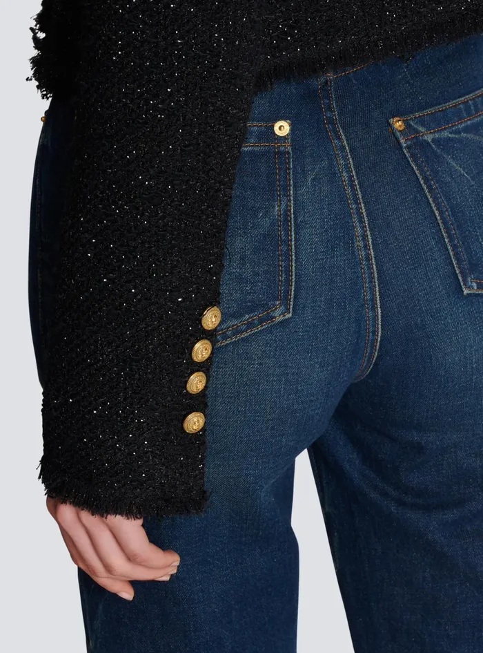 Cropped Lurex Tweed Jacket Black Women Balmain Jackets And Blazers