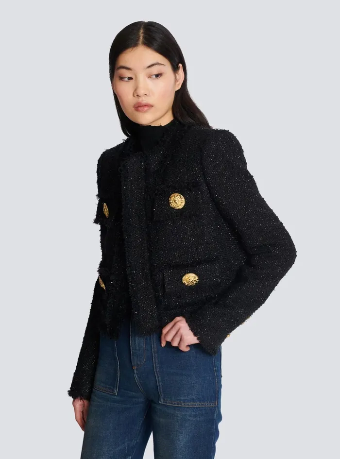 Cropped Lurex Tweed Jacket Black Women Balmain Jackets And Blazers