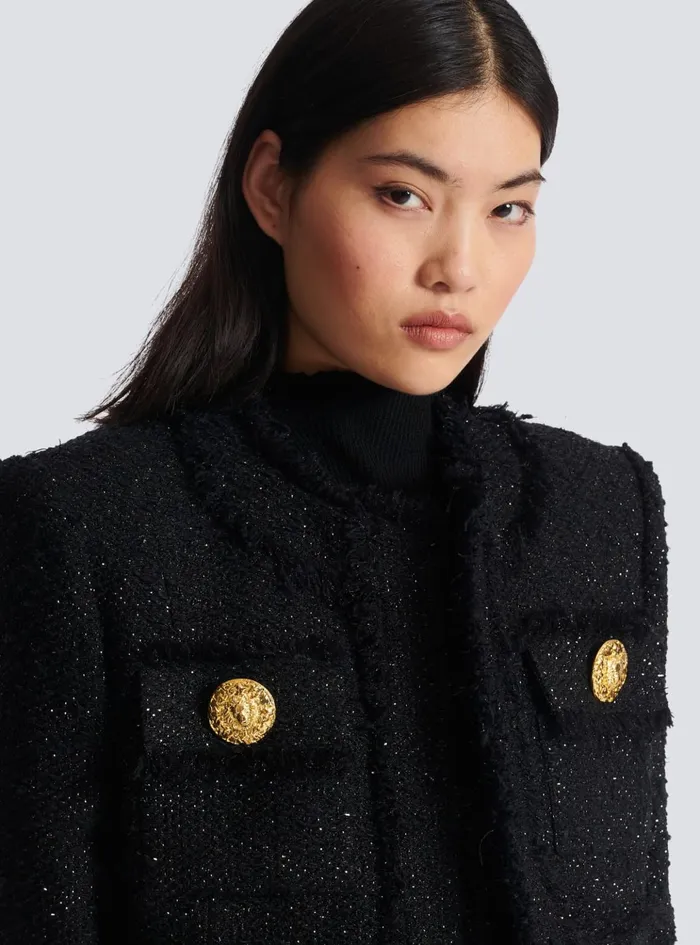 Cropped Lurex Tweed Jacket Black Women Balmain Jackets And Blazers