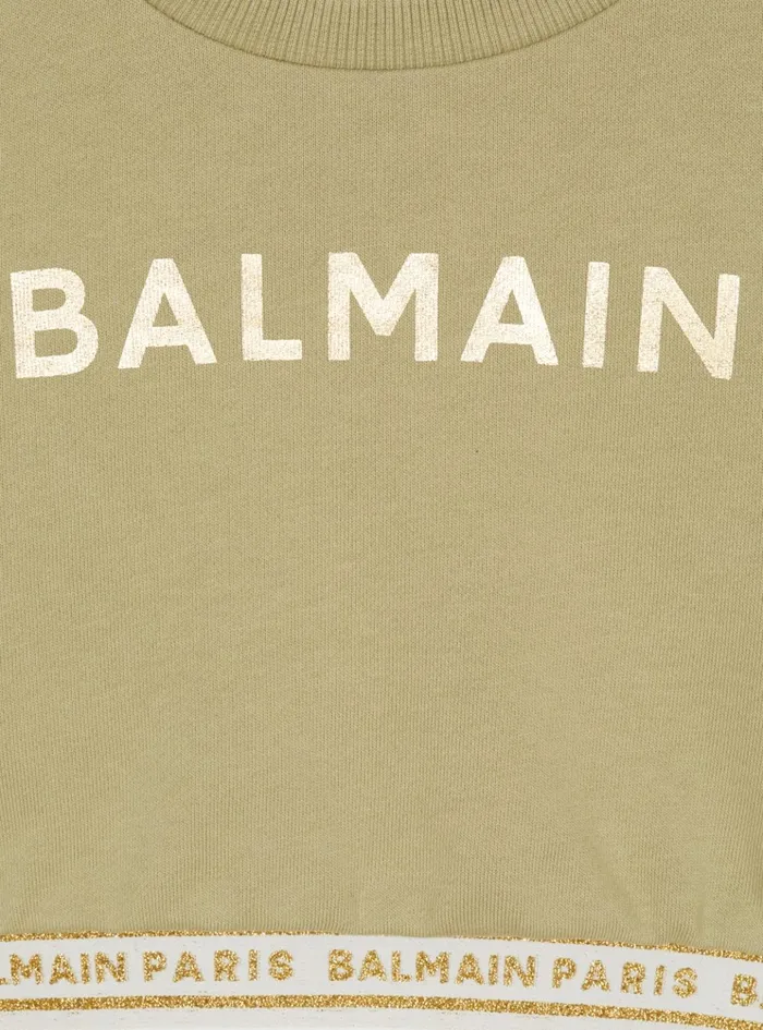 Cropped Sweatshirt With Elastic Green Kids Balmain
