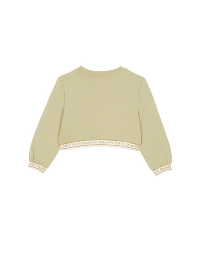 Cropped Sweatshirt With Elastic Green Kids Balmain