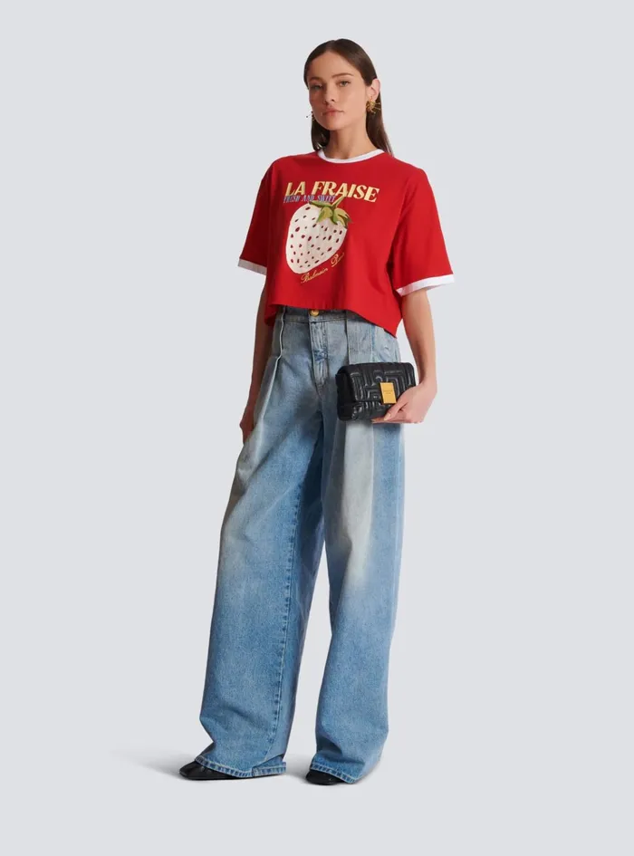 Cropped Tshirt With Strawberry Print Red Women Balmain TShirts