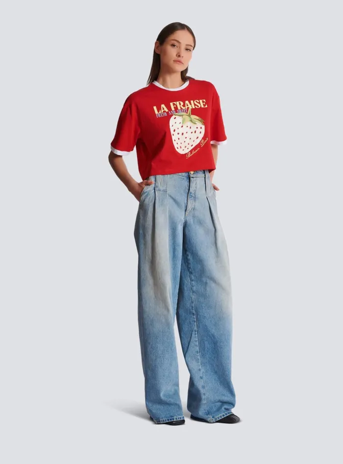 Cropped Tshirt With Strawberry Print Red Women Balmain TShirts