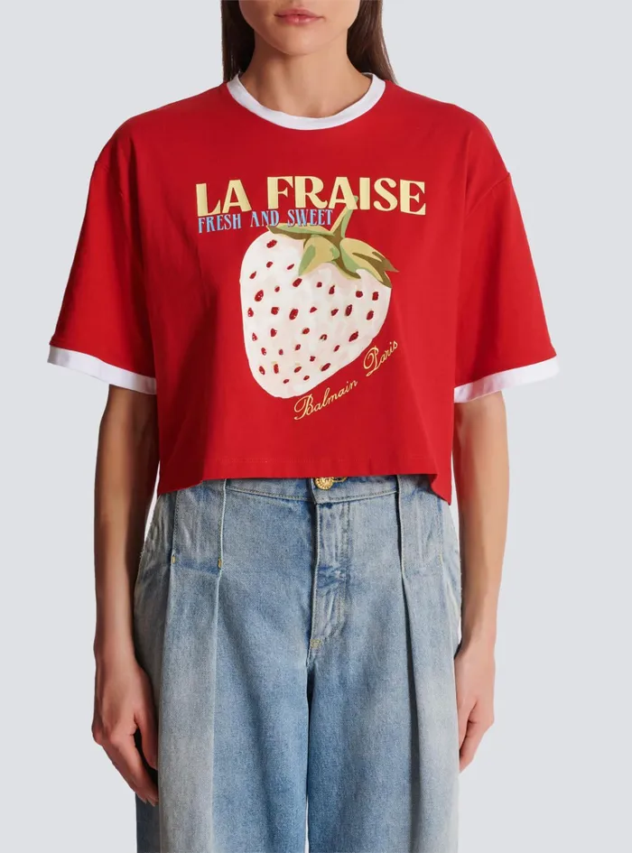 Cropped Tshirt With Strawberry Print Red Women Balmain TShirts