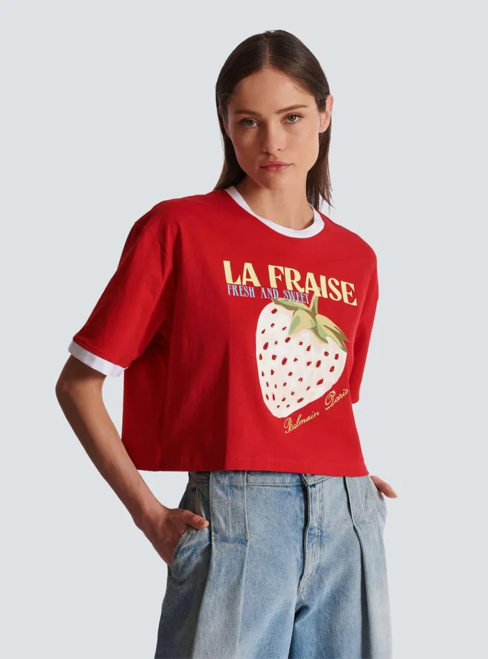 Cropped Tshirt With Strawberry Print Red Women Balmain TShirts