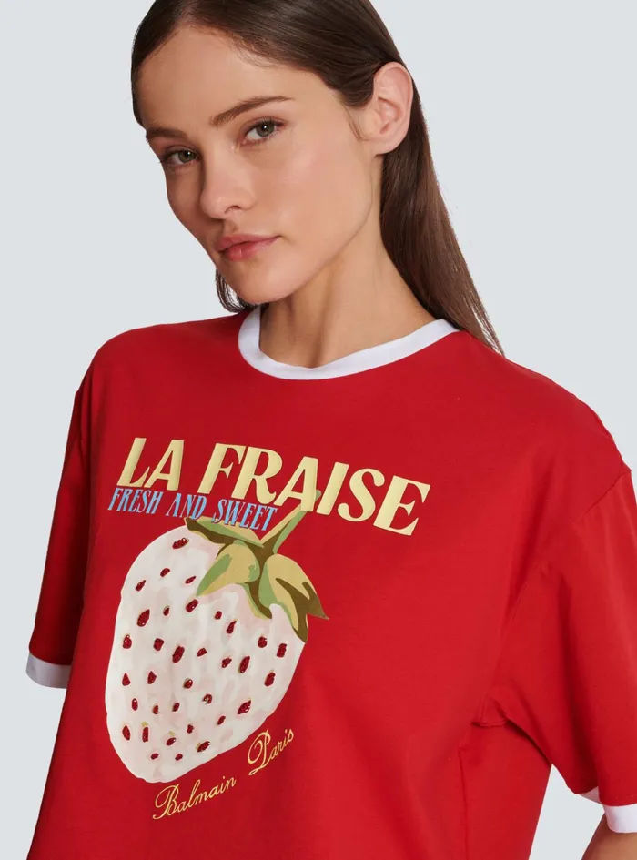 Cropped Tshirt With Strawberry Print Red Women Balmain TShirts