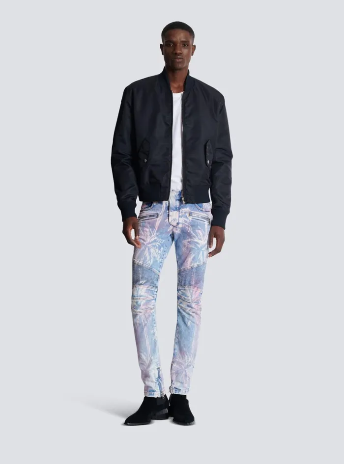 Denim Biker Jeans With A Palm Tree Print Blue Men Balmain Denim