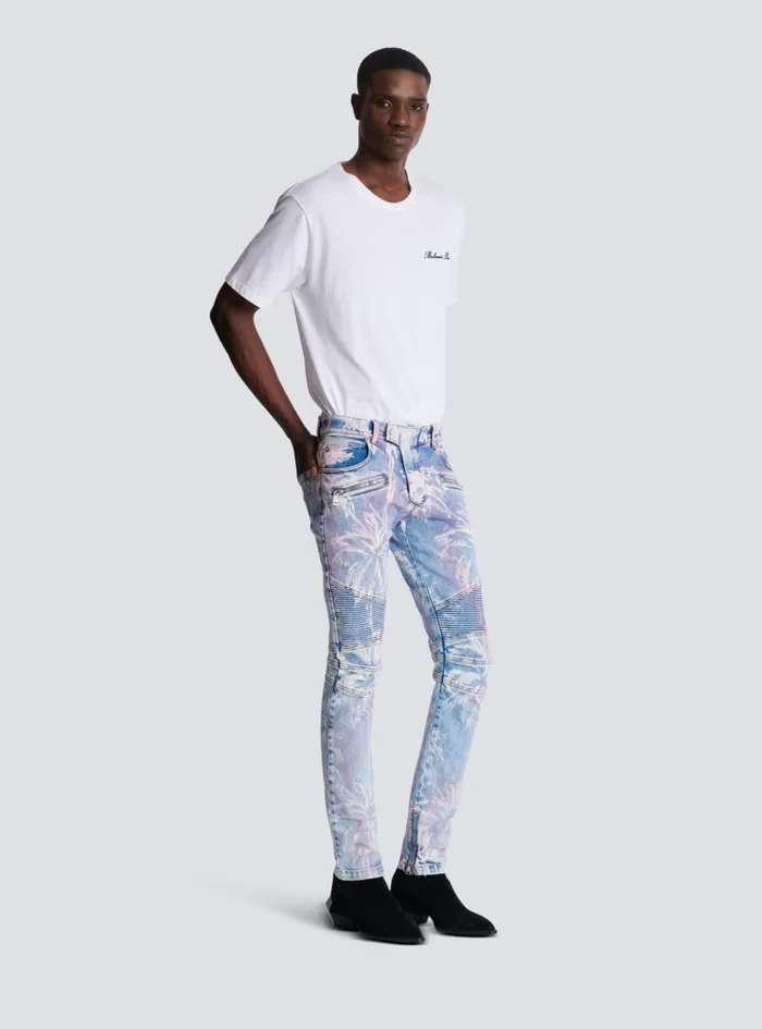 Denim Biker Jeans With A Palm Tree Print Blue Men Balmain Denim