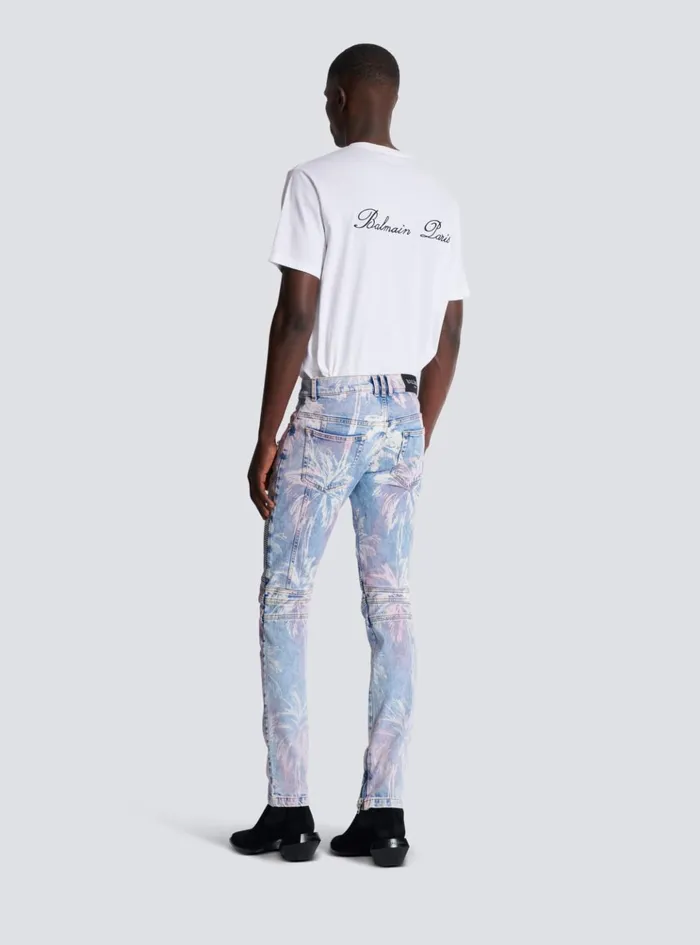 Denim Biker Jeans With A Palm Tree Print Blue Men Balmain Denim