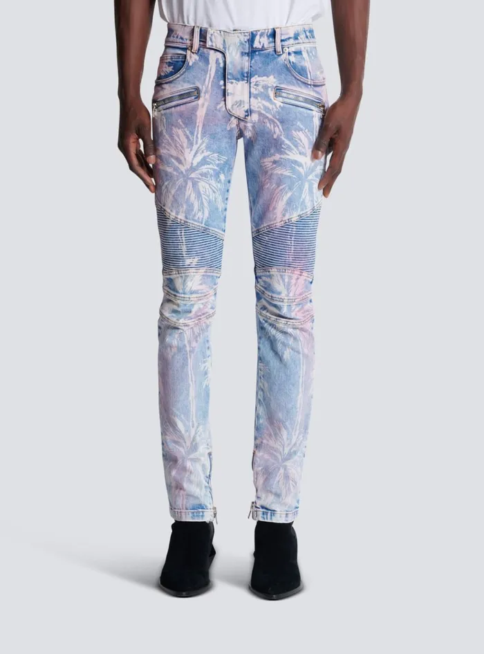Denim Biker Jeans With A Palm Tree Print Blue Men Balmain Denim