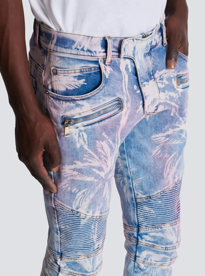 Denim Biker Jeans With A Palm Tree Print Blue Men Balmain Denim