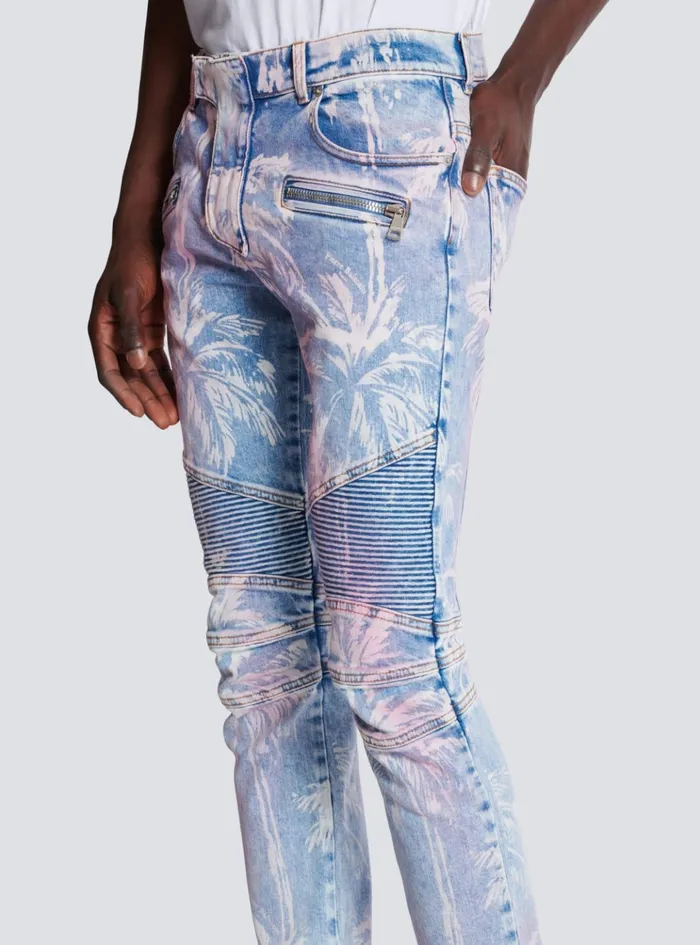 Denim Biker Jeans With A Palm Tree Print Blue Men Balmain Denim