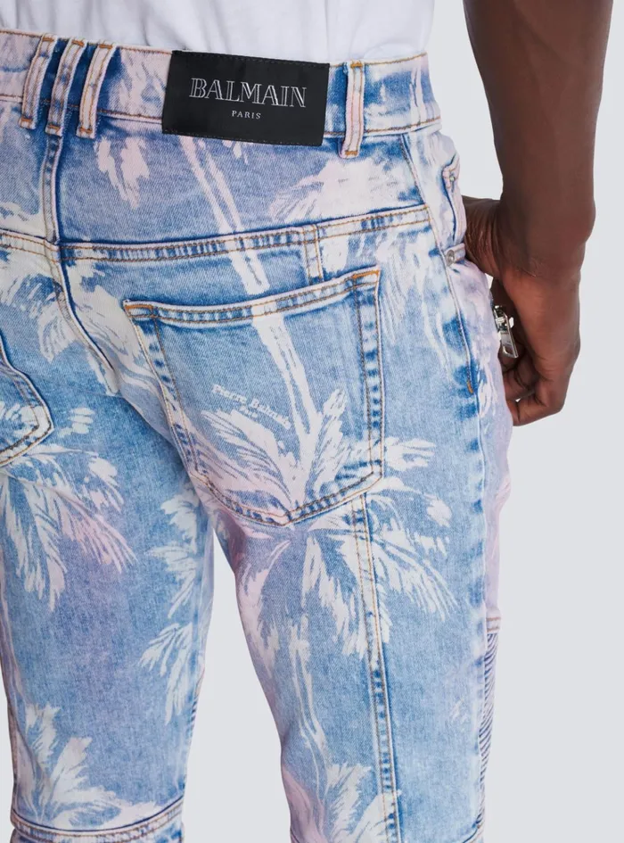 Denim Biker Jeans With A Palm Tree Print Blue Men Balmain Denim