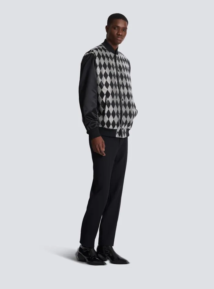 Diamond Satin Bomber Jacket With Rhinestones Black Men Balmain Outerwear