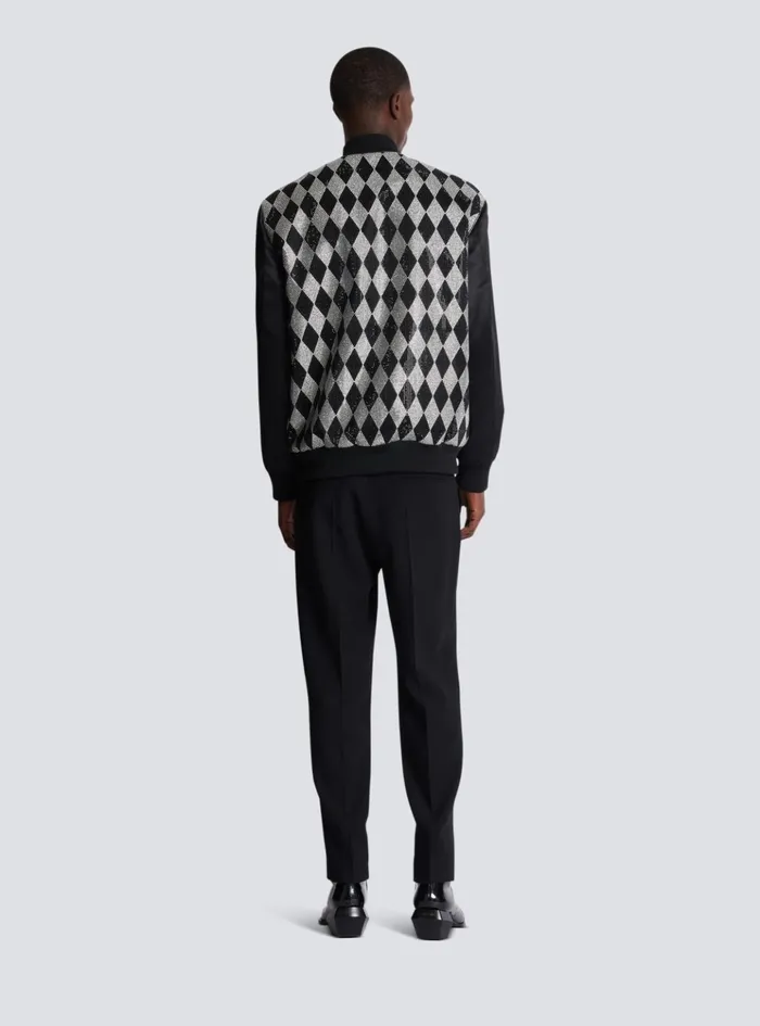 Diamond Satin Bomber Jacket With Rhinestones Black Men Balmain Outerwear