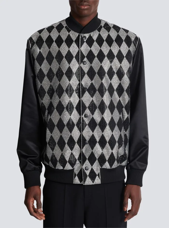 Diamond Satin Bomber Jacket With Rhinestones Black Men Balmain Outerwear
