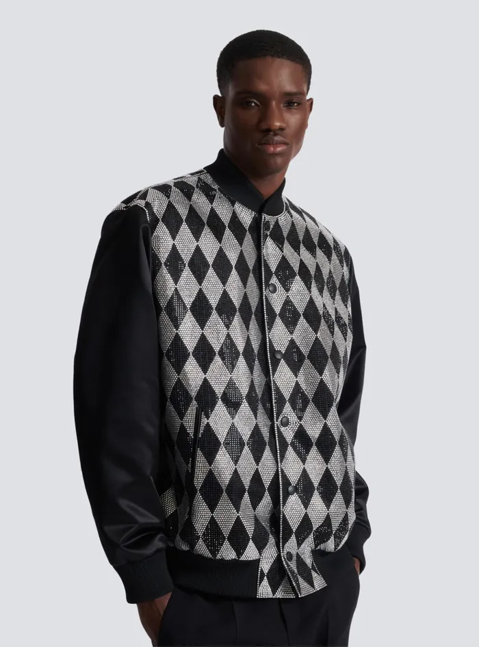 Diamond Satin Bomber Jacket With Rhinestones Black Men Balmain Outerwear