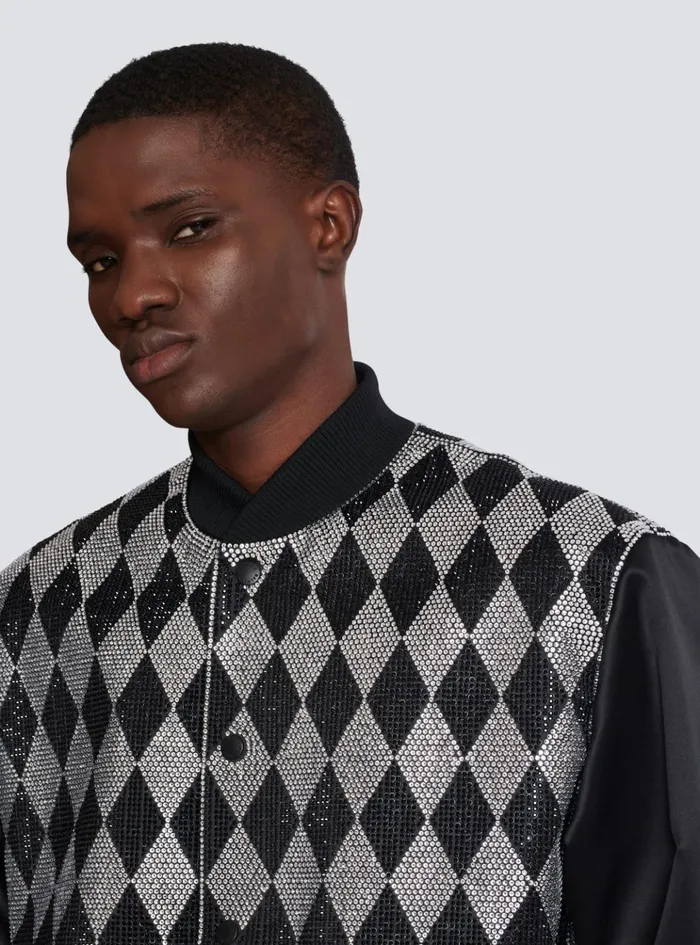 Diamond Satin Bomber Jacket With Rhinestones Black Men Balmain Outerwear