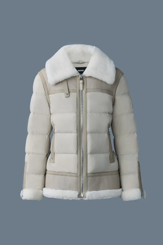 Downs and Jackets Women Mackage VANNA Mixedmedia Shearling Down Jacket Trenchnatural