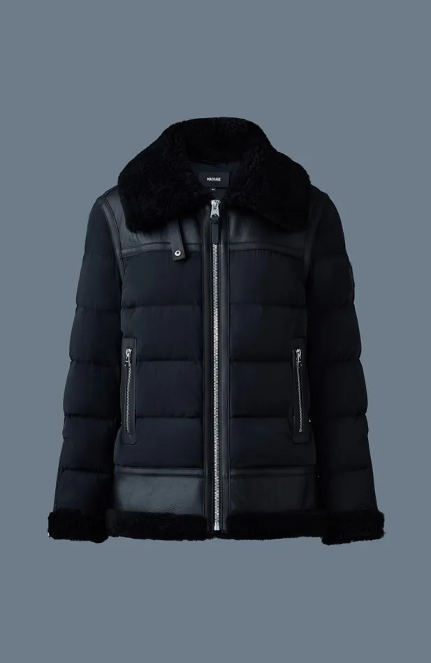 Downs and Jackets Women Mackage VANNA Mixedmedia Shearling Down Jacket Trenchnatural