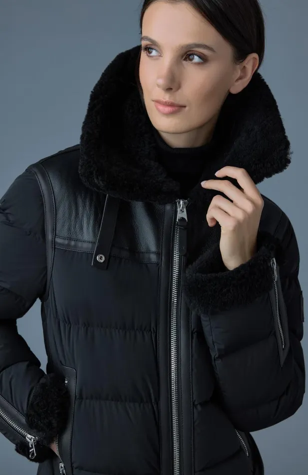 Downs and Jackets Women Mackage VANNA Mixedmedia Shearling Down Jacket Trenchnatural