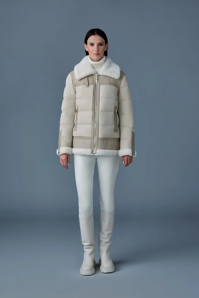 Downs and Jackets Women Mackage VANNA Mixedmedia Shearling Down Jacket Trenchnatural
