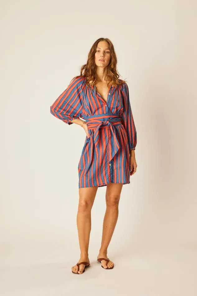 Dresses Shop Natalie Martin ALEX SHORT DRESS WITH SASH Batik Stripe Sage