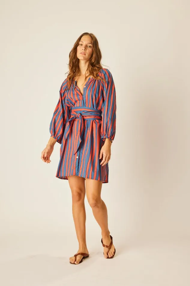 Dresses Shop Natalie Martin ALEX SHORT DRESS WITH SASH Batik Stripe Sage