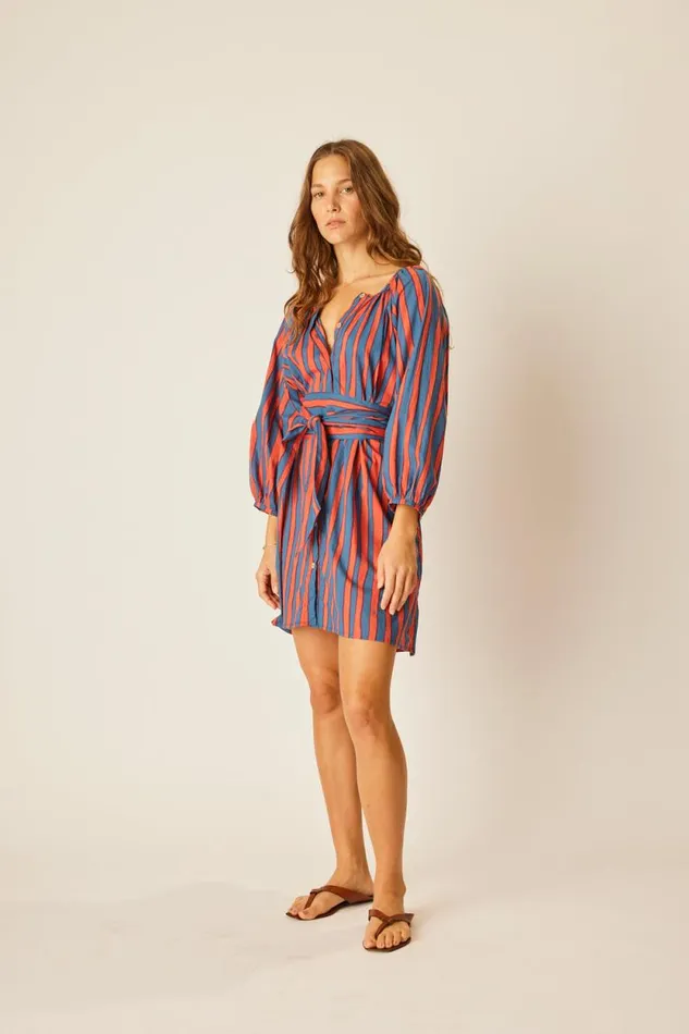 Dresses Shop Natalie Martin ALEX SHORT DRESS WITH SASH Batik Stripe Sage