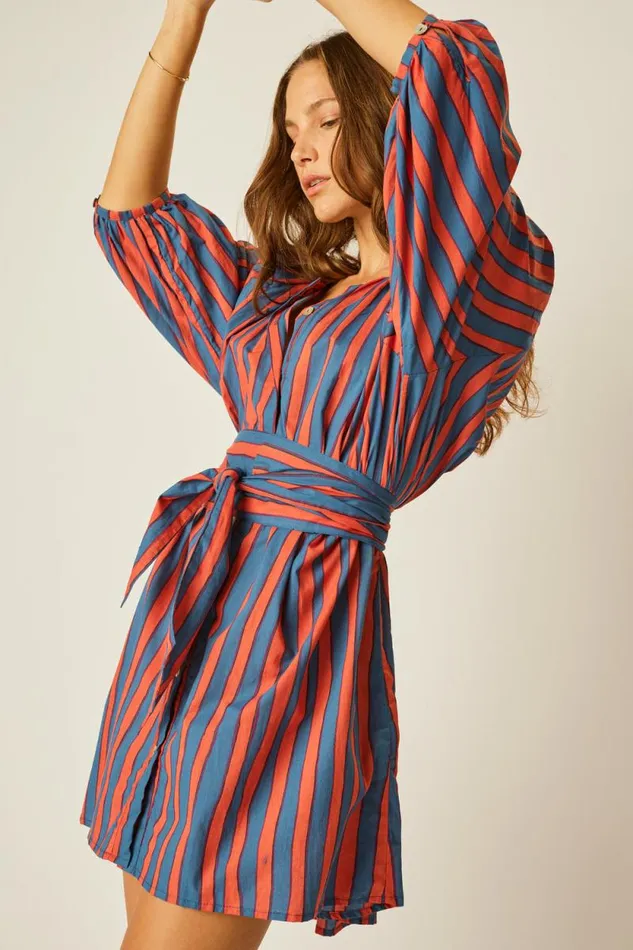 Dresses Shop Natalie Martin ALEX SHORT DRESS WITH SASH Batik Stripe Sage