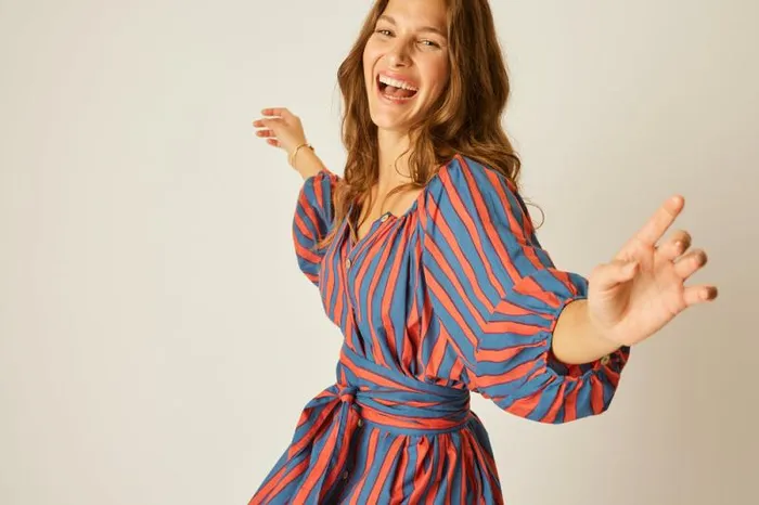 Dresses Shop Natalie Martin ALEX SHORT DRESS WITH SASH Batik Stripe Sage
