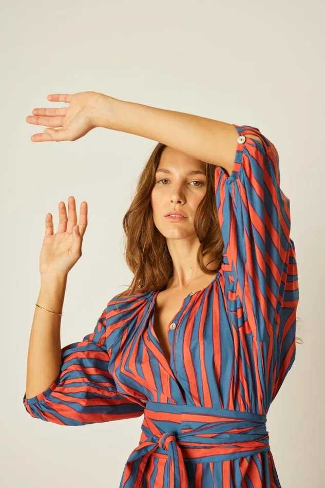 Dresses Shop Natalie Martin ALEX SHORT DRESS WITH SASH Batik Stripe Sage