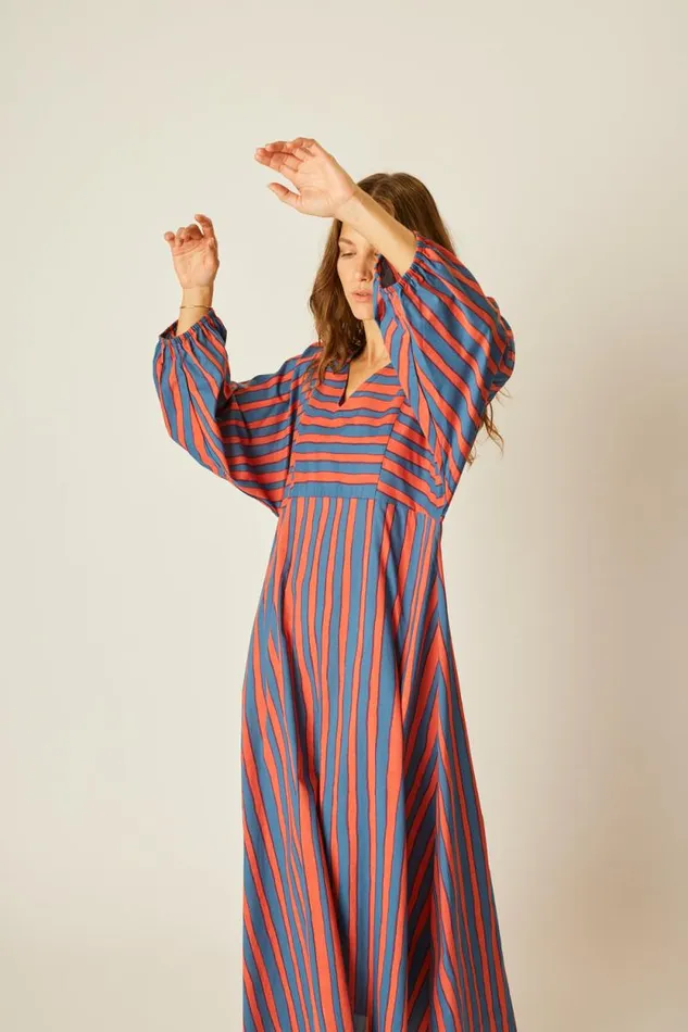 Dresses Shop Natalie Martin ALICE DRESS Batik Stripe Blood Orange