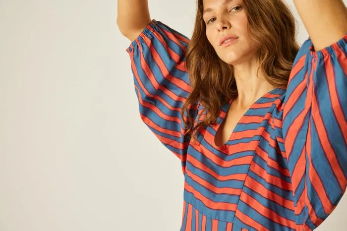 Dresses Shop Natalie Martin ALICE DRESS Batik Stripe Blood Orange
