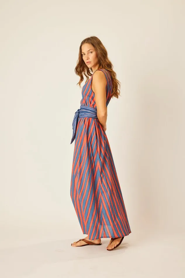 Dresses Shop Natalie Martin TOVA MAXI WITH CONTRASTING BELT Batik Stripe Blood Orange
