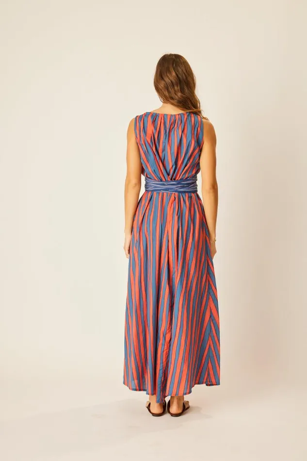 Dresses Shop Natalie Martin TOVA MAXI WITH CONTRASTING BELT Batik Stripe Blood Orange