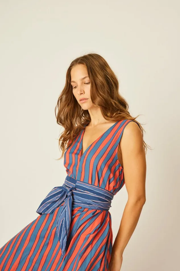 Dresses Shop Natalie Martin TOVA MAXI WITH CONTRASTING BELT Batik Stripe Blood Orange