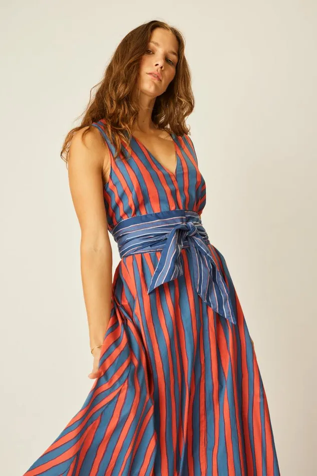 Dresses Shop Natalie Martin TOVA MAXI WITH CONTRASTING BELT Batik Stripe Blood Orange