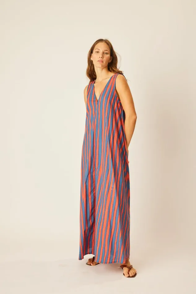 Dresses Shop Natalie Martin TOVA MAXI WITH CONTRASTING BELT Batik Stripe Blood Orange