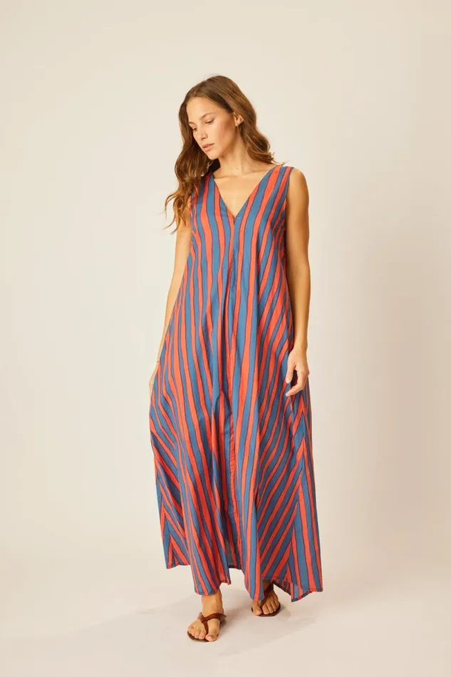 Dresses Shop Natalie Martin TOVA MAXI WITH CONTRASTING BELT Batik Stripe Blood Orange