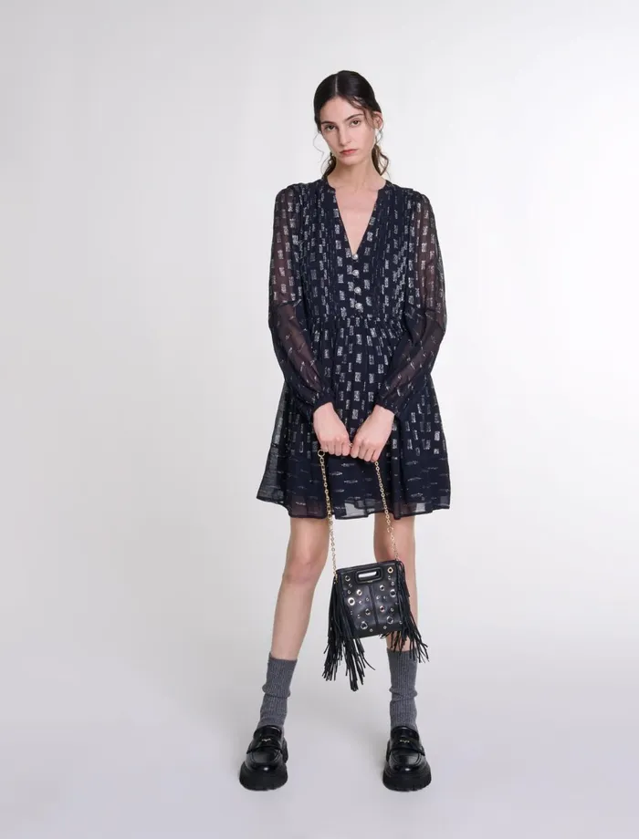 Dresses Women Maje Pleated Floral Motif Short Dress Navy