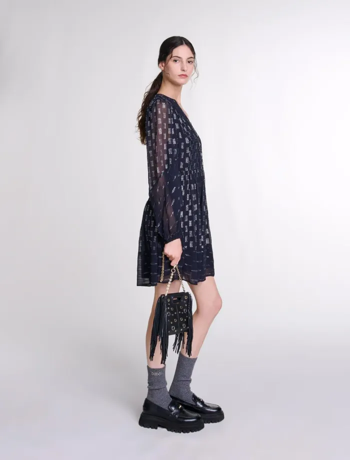 Dresses Women Maje Pleated Floral Motif Short Dress Navy