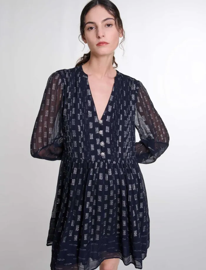 Dresses Women Maje Pleated Floral Motif Short Dress Navy
