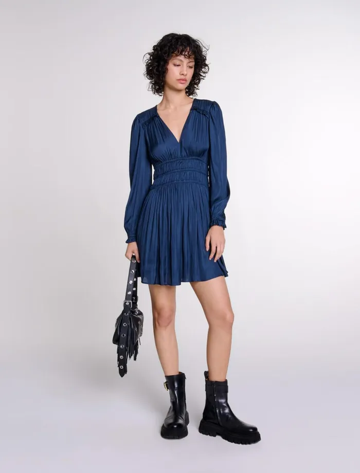 Dresses Women Maje Satin Dress With Ruffles Navy