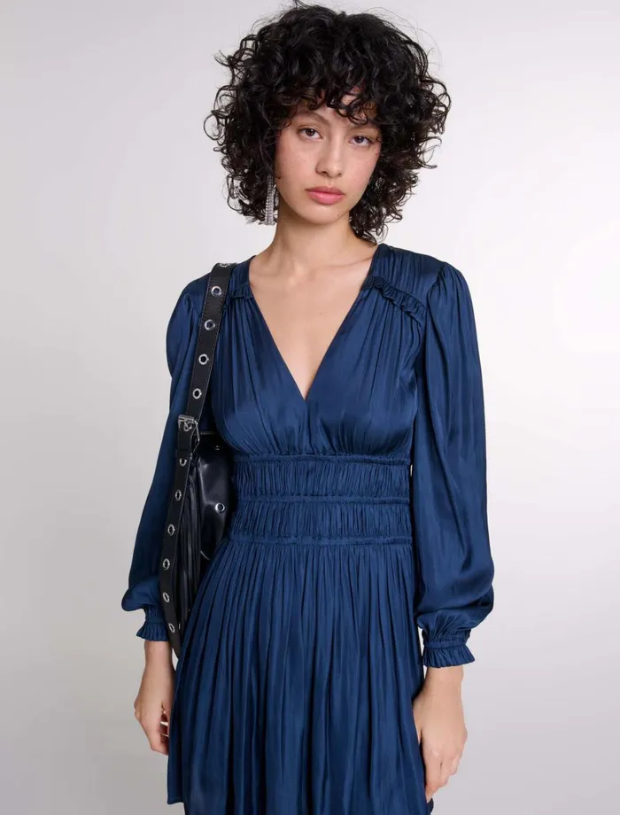 Dresses Women Maje Satin Dress With Ruffles Navy